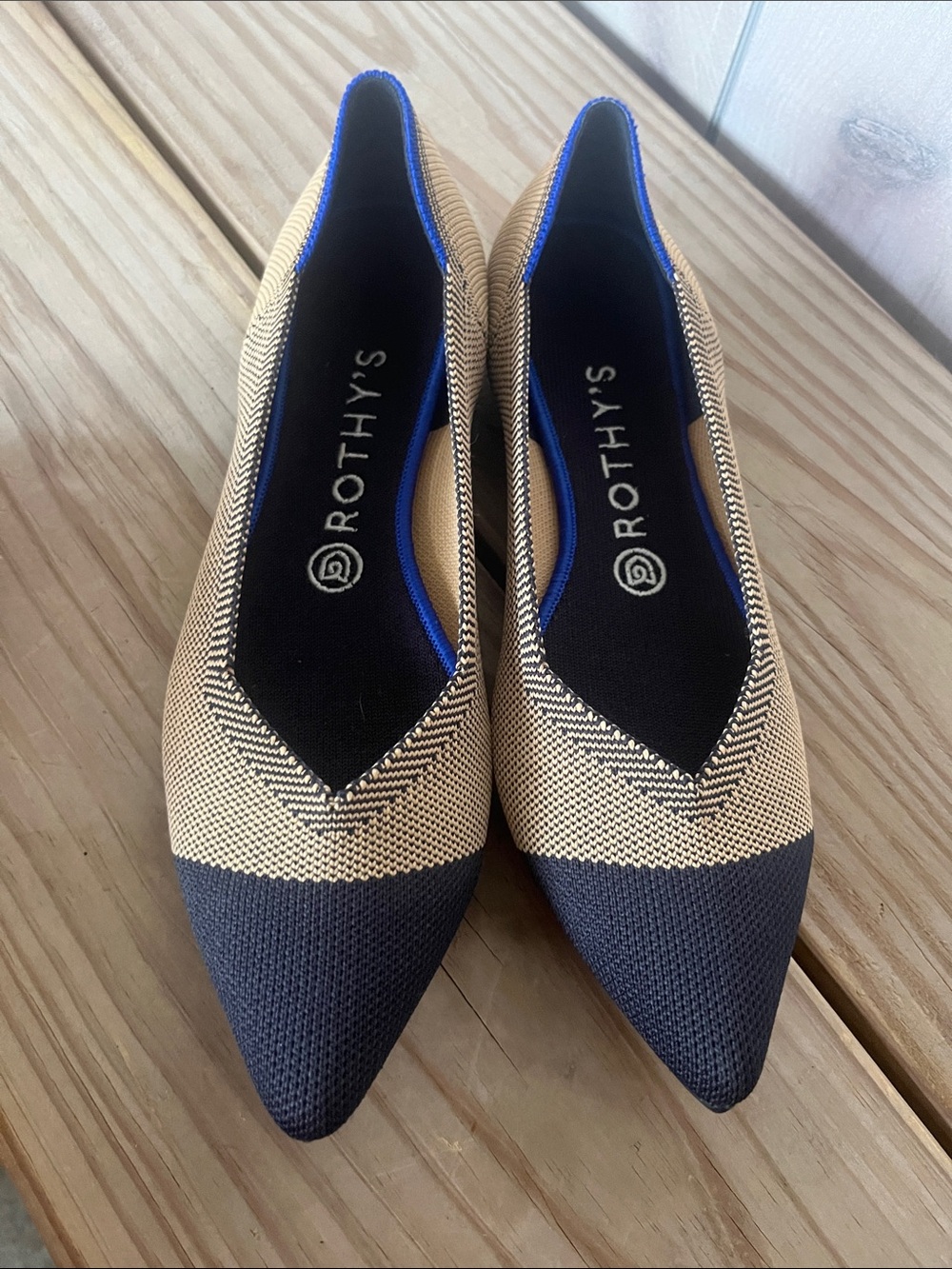 Rothy's Two-Tone Pointed Slip-On Flats in Beige and Black